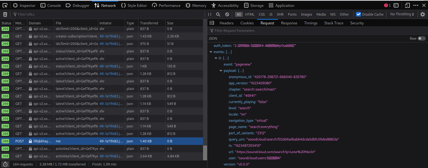 Firefox Developer Console, Network Inspector, Soundcloud Authentication Token